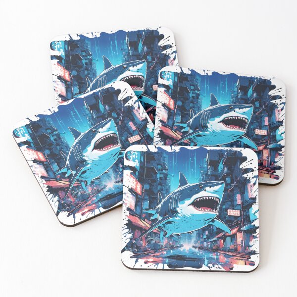 Item preview, Flying Great White Shark in Cyberpunk City | Neon Sci-Fi Street Art designed and sold by Ikbel Studio.
