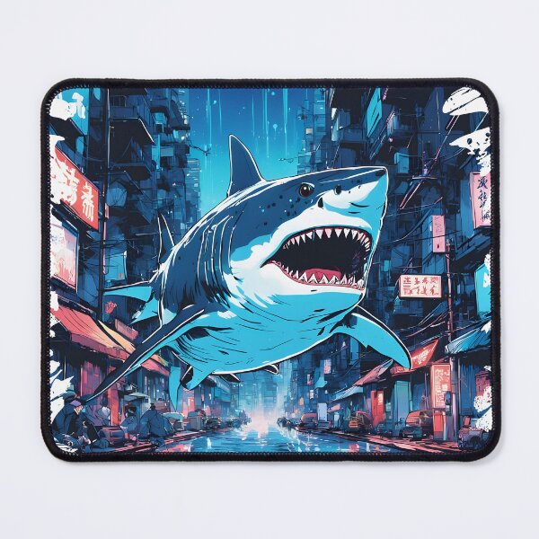 Item preview, Flying Great White Shark in Cyberpunk City | Neon Sci-Fi Street Art designed and sold by Ikbel Studio.