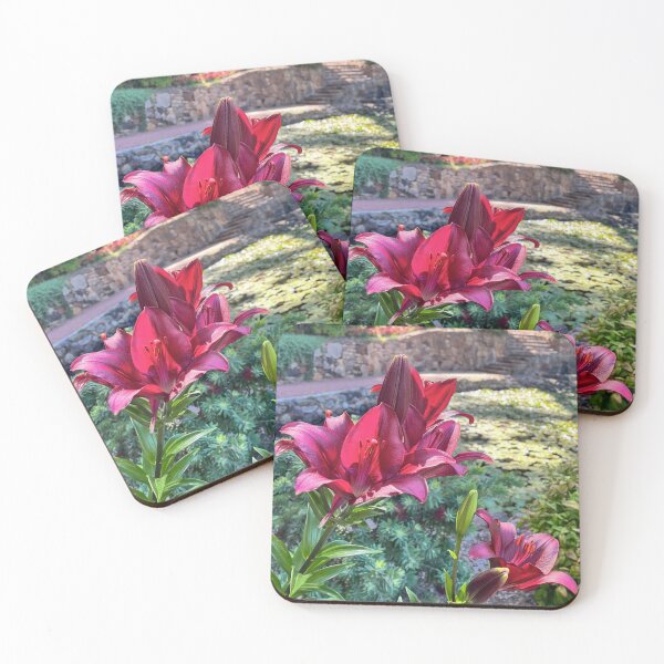 Item preview, Deep Red Lily Flowers Beside Tranquil Garden Pond designed and sold by Be Captured by Brittany Emma.