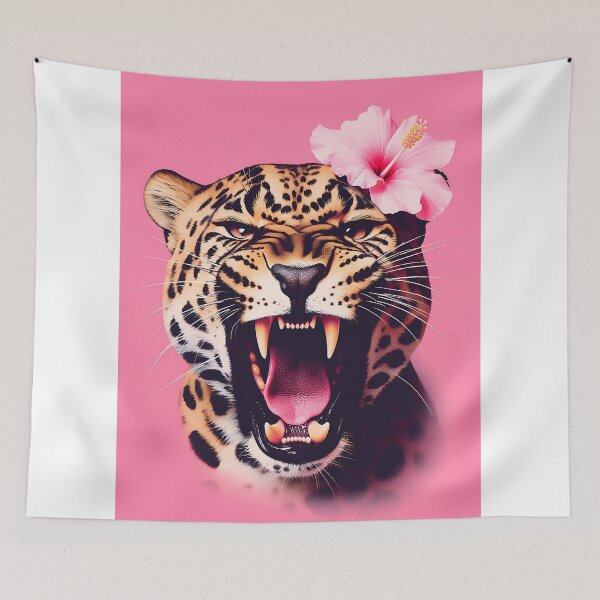 Item preview, Fierce & Fragile: Roaring Jaguar with Pink Hibiscus designed and sold by MakarenaCreate.