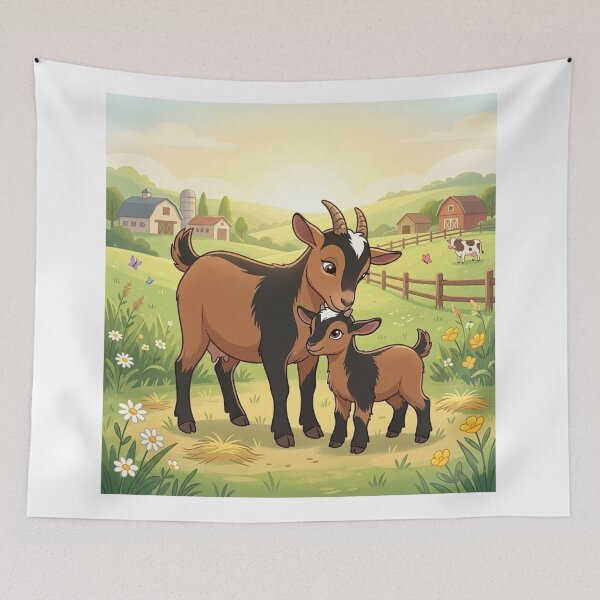 Item preview, "Mother and Baby Goat Meadow Adventure" – Whimsical Farm Animal  designed and sold by AirCrayons27.