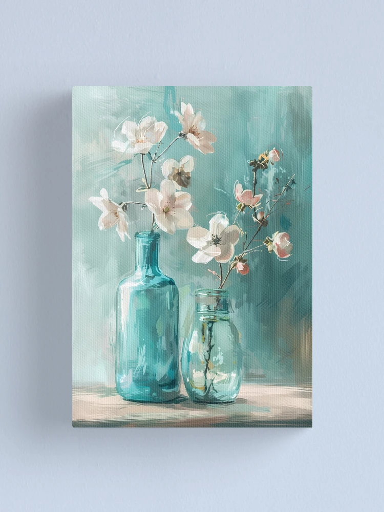 Serene Teal Vases with Soft White Blossoms Canvas Print