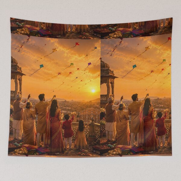 Item preview, Makar Sankranti Celebration | Family Flying Kites at Golden Sunset | Indian Festival Wall Art designed and sold by Homyar.