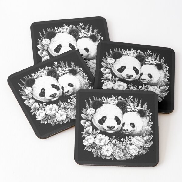 Item preview, Black and White Panda Couple Floral Wildlife Art designed and sold by inkoutninja.