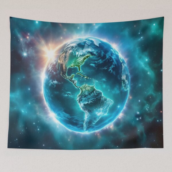 Item preview, Glowing Earth Nebula World Ocean Day Space Art Print designed and sold by DreamyWallVibes.