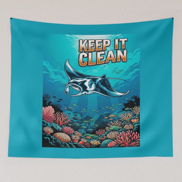 Item preview, Keep It Clean Manta Ray — Ocean Conservation Marine Wildlife Vintage Art Print designed and sold by MālamaThreads.