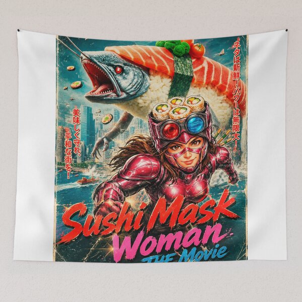 Item preview, Sushi Mask Woman The Movie: Stop the Salmon Monster- Retro Comic Book Style Kaiju Art designed and sold by Surreal Characters & Cute Pups.
