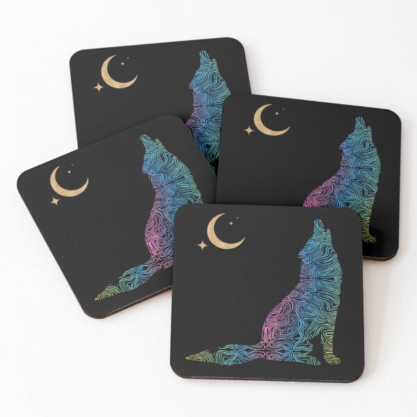 Item preview, Psychedelic Howling Fox Neon Line Art with Gold Moon designed and sold by QuirkyCloud Designs.
