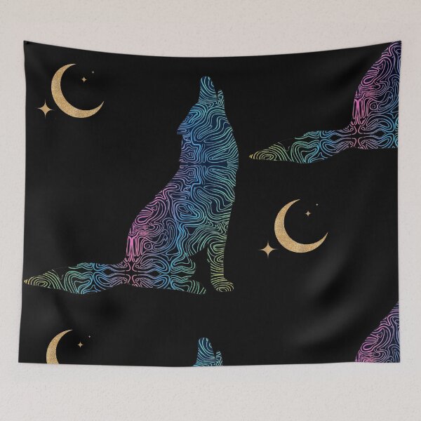 Item preview, Psychedelic Howling Fox Neon Line Art with Gold Moon designed and sold by QuirkyCloud Designs.