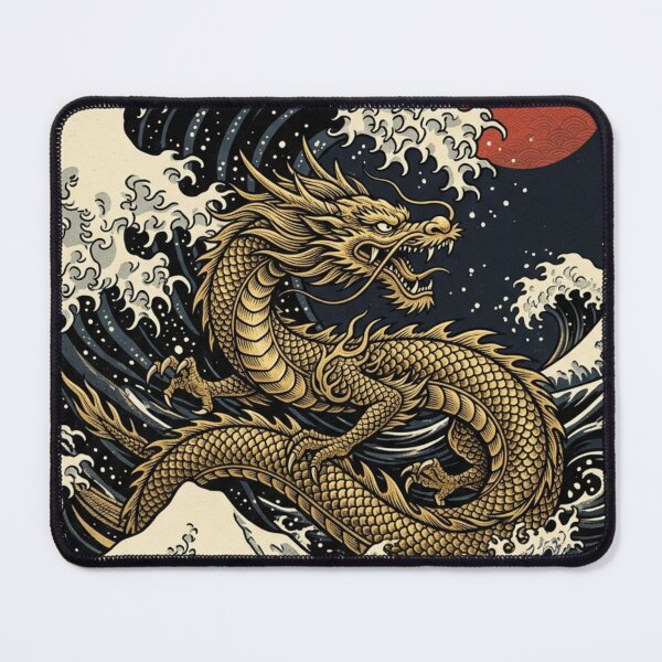 Item preview, Golden Dragon Rising Through Great Waves Japanese Ukiyo-e Style Art designed and sold by vekotpu.