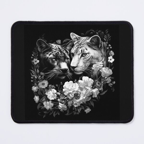 Item preview, Black and White Panther Couple Floral Wildlife Art designed and sold by inkoutninja.