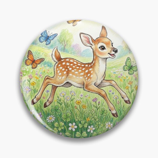 Item preview, Cute Fawn Deer Playing with Butterflies in Flower Meadow Illustration designed and sold by TaiwanMemory.