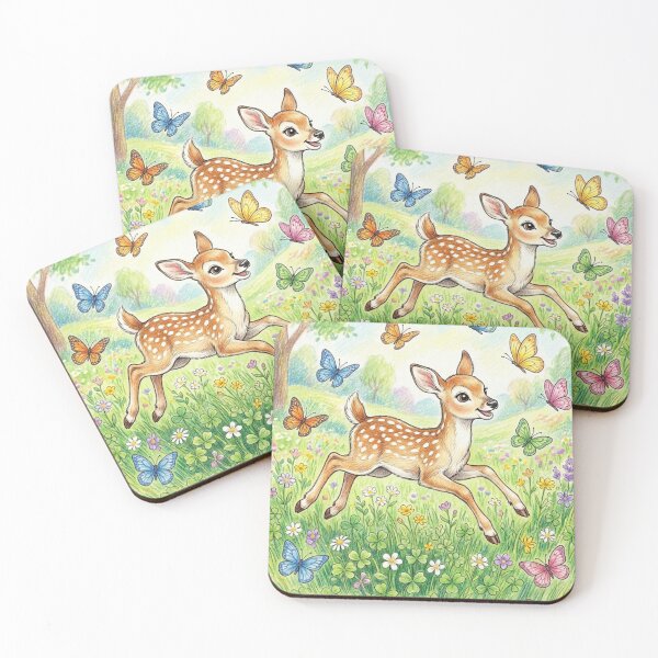 Item preview, Cute Fawn Deer Playing with Butterflies in Flower Meadow Illustration designed and sold by TaiwanMemory.