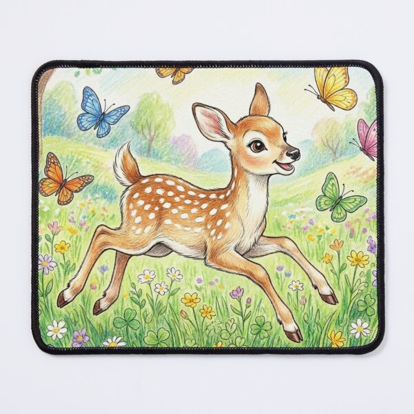 Item preview, Cute Fawn Deer Playing with Butterflies in Flower Meadow Illustration designed and sold by TaiwanMemory.