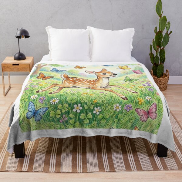 Item preview, Cute Fawn Deer Playing with Butterflies in Flower Meadow Illustration designed and sold by TaiwanMemory.