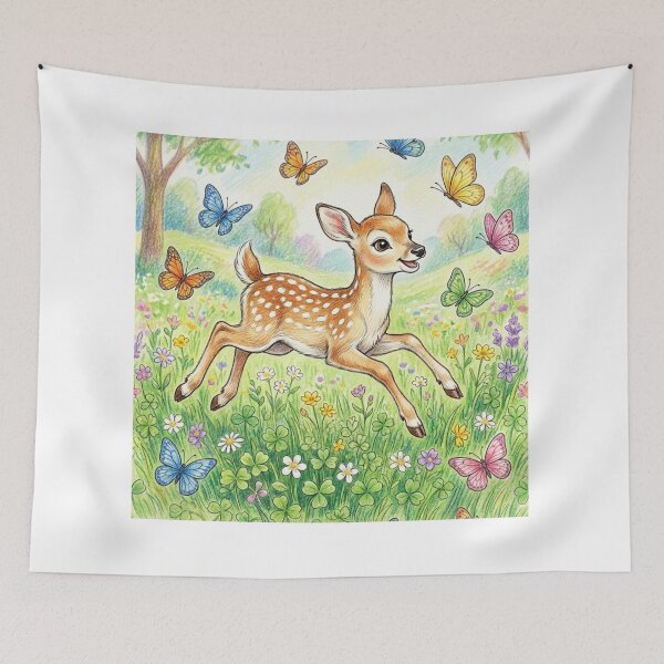 Item preview, Cute Fawn Deer Playing with Butterflies in Flower Meadow Illustration designed and sold by TaiwanMemory.