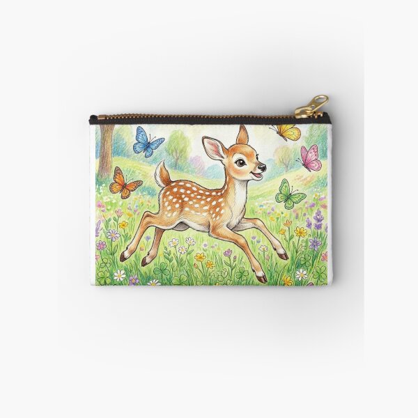 Item preview, Cute Fawn Deer Playing with Butterflies in Flower Meadow Illustration designed and sold by TaiwanMemory.
