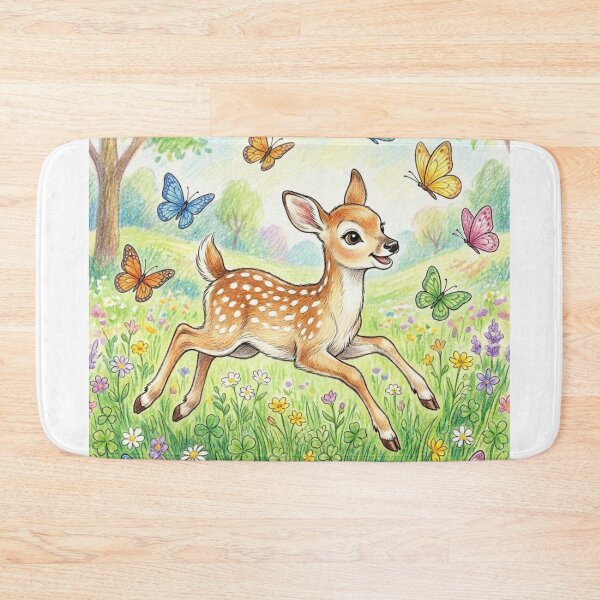 Item preview, Cute Fawn Deer Playing with Butterflies in Flower Meadow Illustration designed and sold by TaiwanMemory.