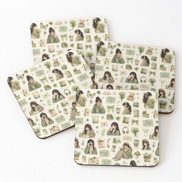 Item preview, Sage Green Aesthetic Cute Anime Girl Sticker Sheet Mega Pack designed and sold by KeerthiCuteFind.