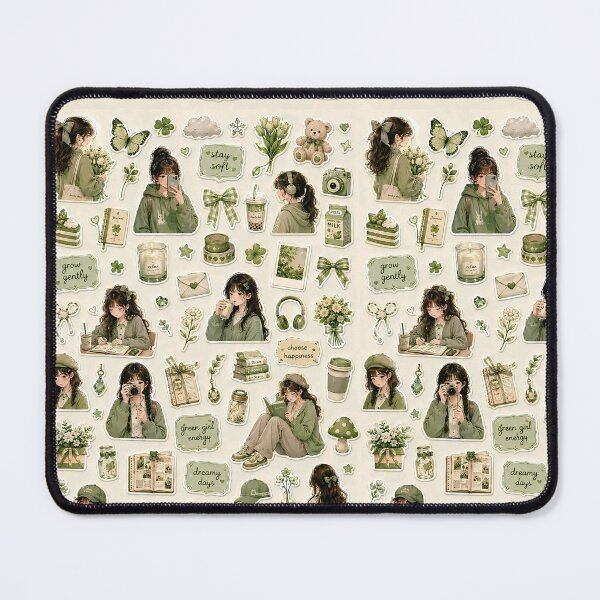Item preview, Sage Green Aesthetic Cute Anime Girl Sticker Sheet Mega Pack designed and sold by KeerthiCuteFind.