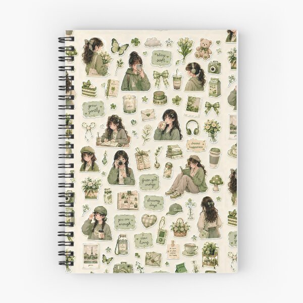 Item preview, Sage Green Aesthetic Cute Anime Girl Sticker Sheet Mega Pack designed and sold by KeerthiCuteFind.