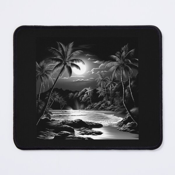 Item preview, Black and White Tropical Moonlit Beach Landscape designed and sold by inkoutninja.