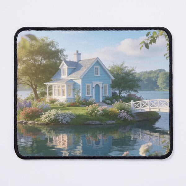 Item preview, Blue Lakeside Cottage with Garden Bridge designed and sold by BlareBlare.