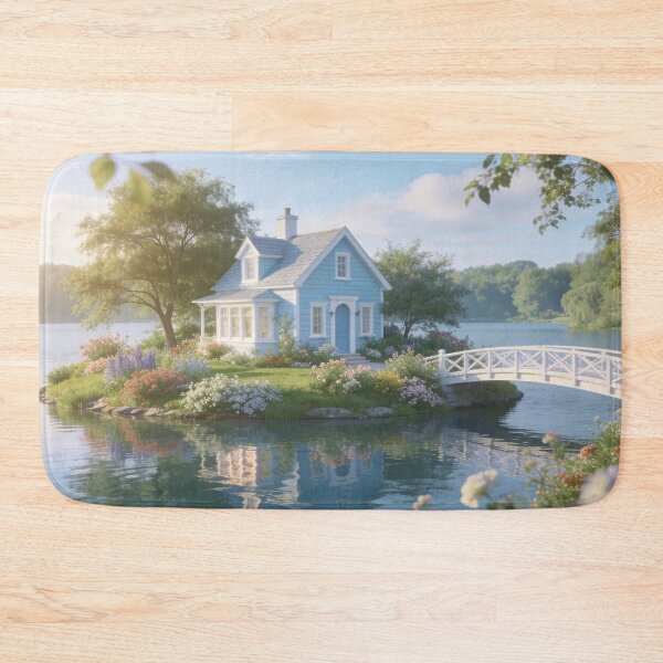 Item preview, Blue Lakeside Cottage with Garden Bridge designed and sold by BlareBlare.