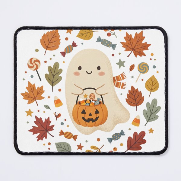 Item preview, Cute Halloween Ghost with Pumpkin and Autumn Leaves Watercolor Illustration designed and sold by Biwbiwty.