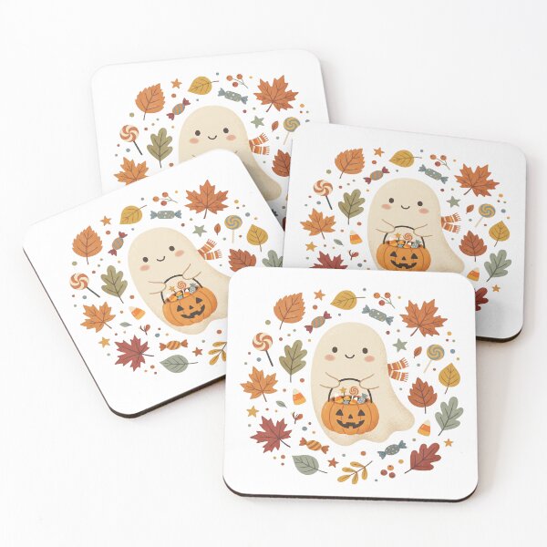 Item preview, Cute Halloween Ghost with Pumpkin and Autumn Leaves Watercolor Illustration designed and sold by Biwbiwty.