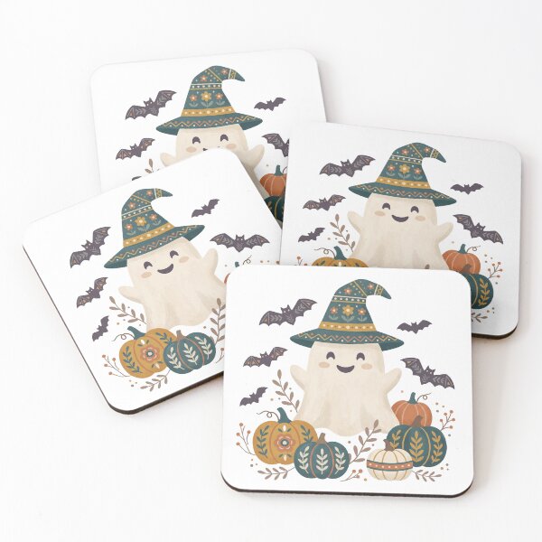 Item preview, Cute Witch Ghost with Pumpkins Watercolor Halloween Art designed and sold by Biwbiwty.