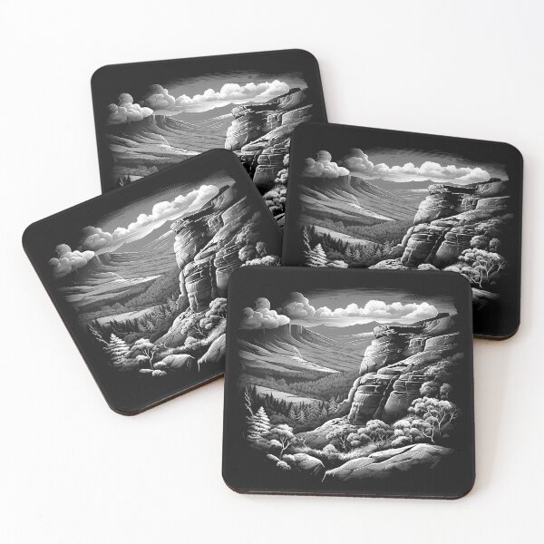 Item preview, Black and White Mountain Canyon Landscape Art designed and sold by inkoutninja.