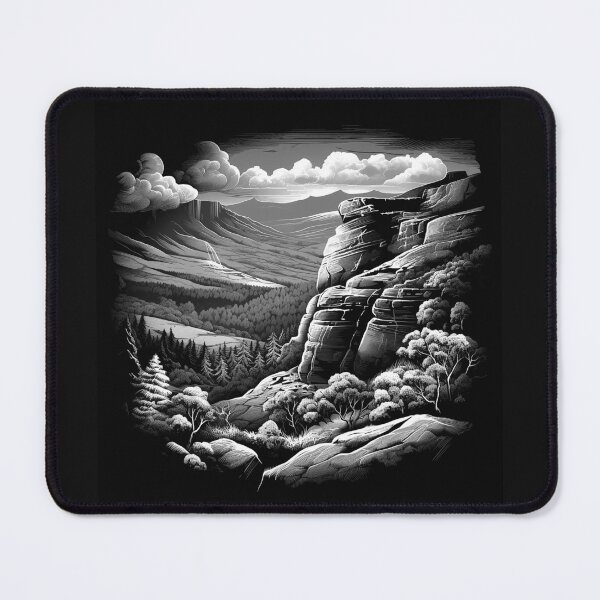 Item preview, Black and White Mountain Canyon Landscape Art designed and sold by inkoutninja.