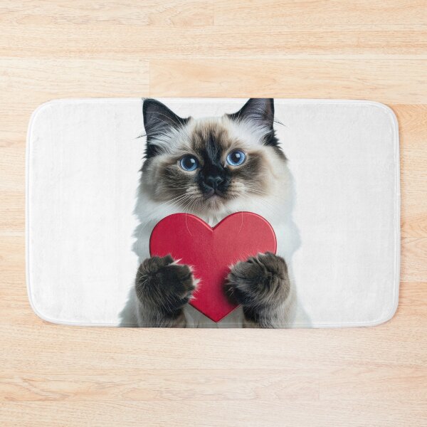 Item preview, Soulful Blue-Eyed Cat Holding Red Heart Poster - Cute Fluffy Kitten Love Confession Graphic - Anniversary Pet Art designed and sold by WildGentlemen.