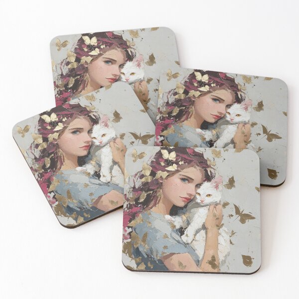 Item preview, Ethereal Girl and White Cat with Gold Butterflies designed and sold by colorful-white.