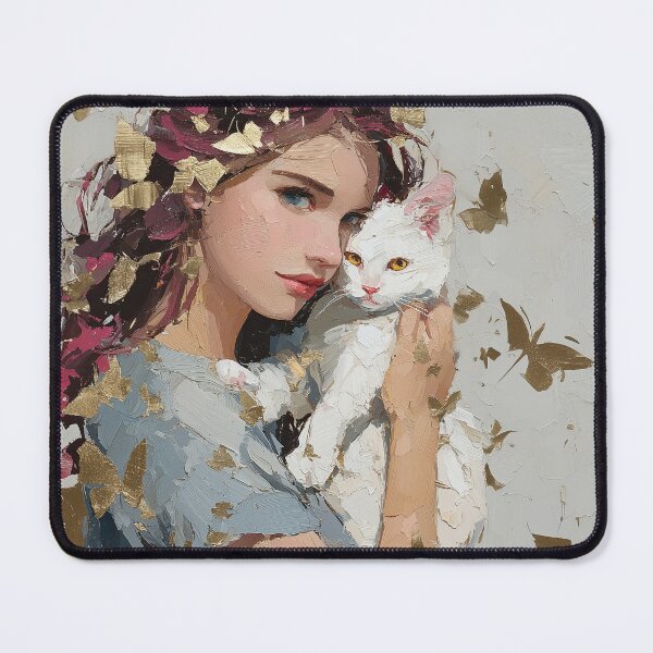 Item preview, Ethereal Girl and White Cat with Gold Butterflies designed and sold by colorful-white.