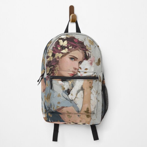 Item preview, Ethereal Girl and White Cat with Gold Butterflies designed and sold by colorful-white.