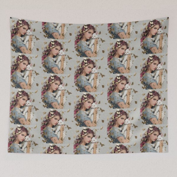 Item preview, Ethereal Girl and White Cat with Gold Butterflies designed and sold by colorful-white.