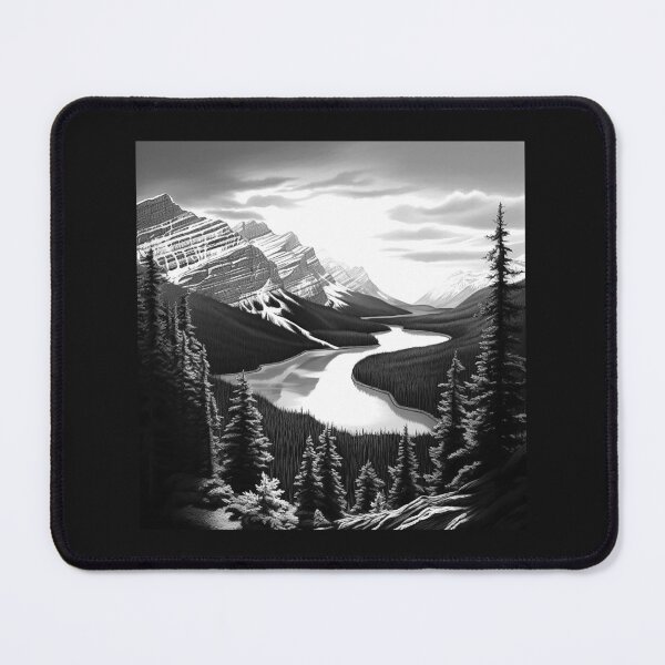Item preview, Black and White Mountain Lake Forest Landscape designed and sold by inkoutninja.