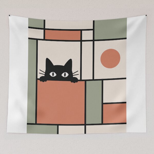 Item preview, Cute Black Cat Art, Minimalist Mondrian Style Art designed and sold by Studio pod Burom.