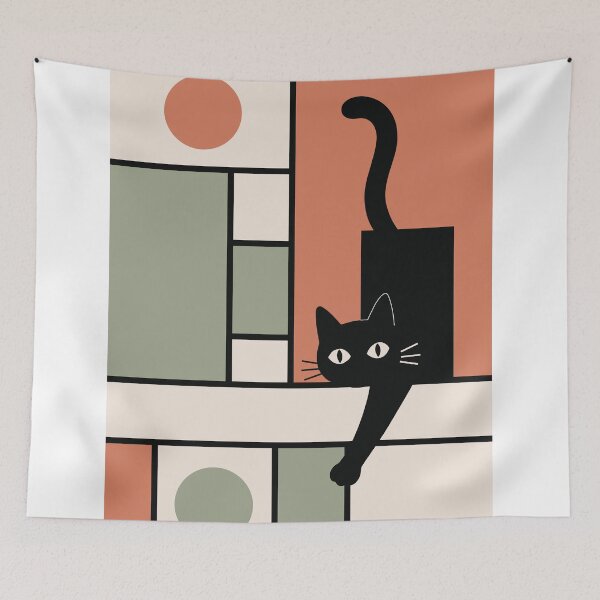 Item preview, Minimalist Black Cat Art, Soft Mondrian Color Palette designed and sold by Studio pod Burom.