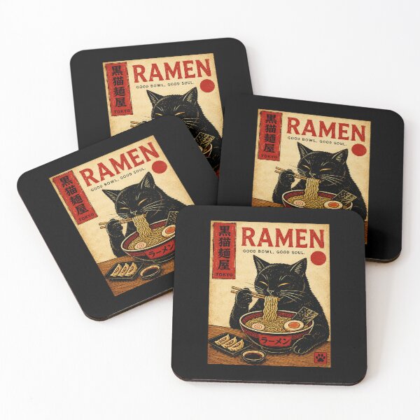 Item preview, Black Cat Eating Ramen Vintage Japanese Noodle Shop Poster designed and sold by ferminhays.