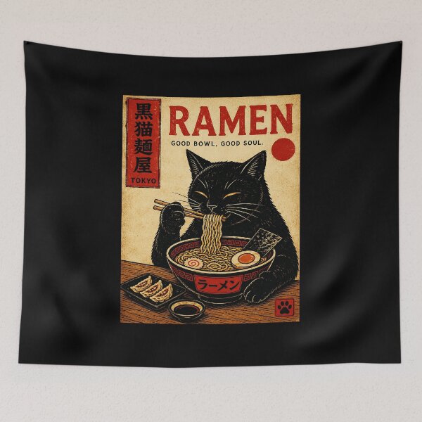 Item preview, Black Cat Eating Ramen Vintage Japanese Noodle Shop Poster designed and sold by ferminhays.