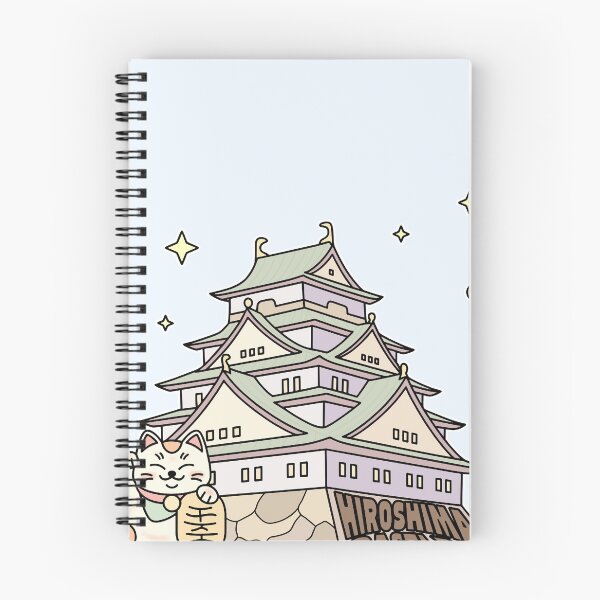 Artikelvorschau, Niedliche Illustration der Burg Hiroshima mit Glückskatze und Sternen entworfen und verkauft von Blupunk.