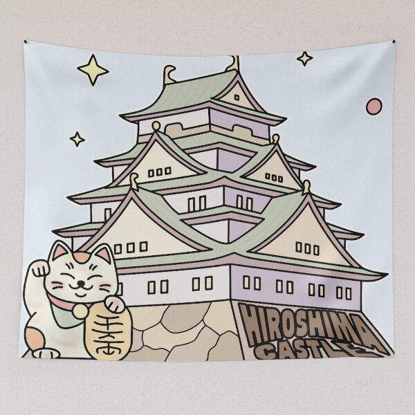 Item preview, Cute Hiroshima Castle Illustration with Lucky Cat & Stars designed and sold by Blupunk.