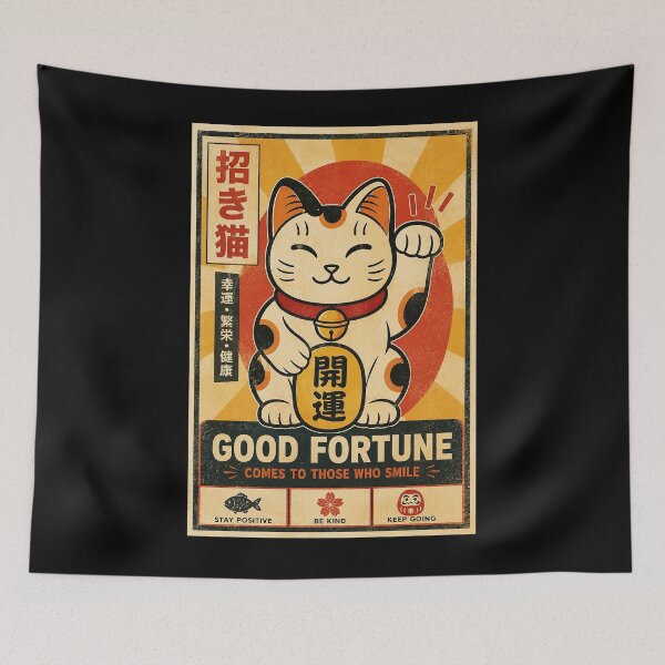 Item preview, Lucky Waving Cat Vintage Japanese Inspired Good Fortune Poster designed and sold by eliramaison.