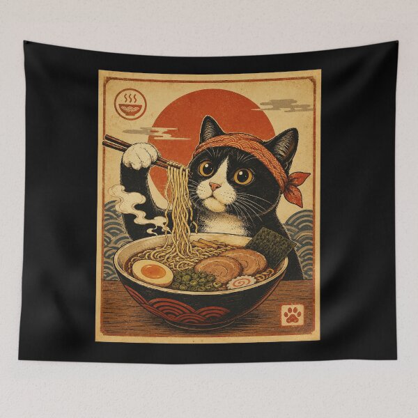 Item preview, Cute Ramen Cat Vintage Japanese Style Noodle Bowl designed and sold by eliramaison.