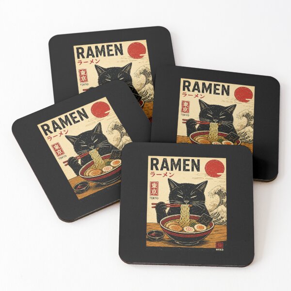 Item preview, Black Cat Eating Ramen Under Red Sun Vintage Tokyo designed and sold by ferminhays.