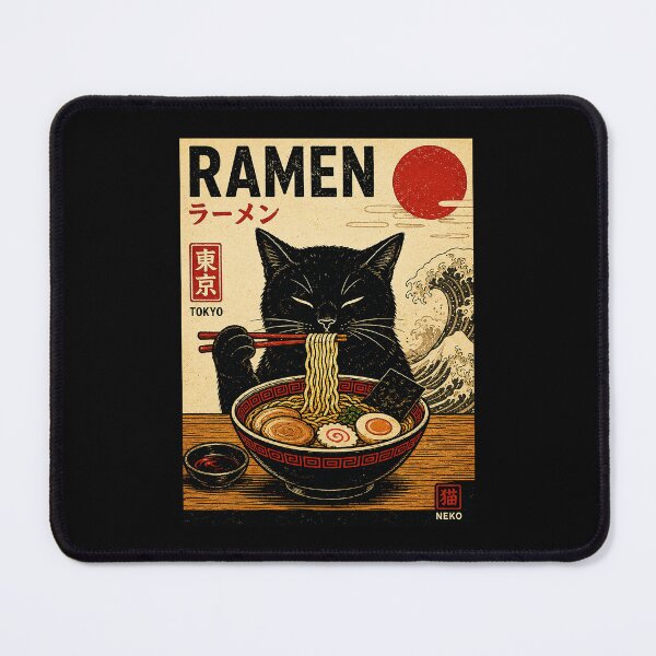 Item preview, Black Cat Eating Ramen Under Red Sun Vintage Tokyo designed and sold by ferminhays.