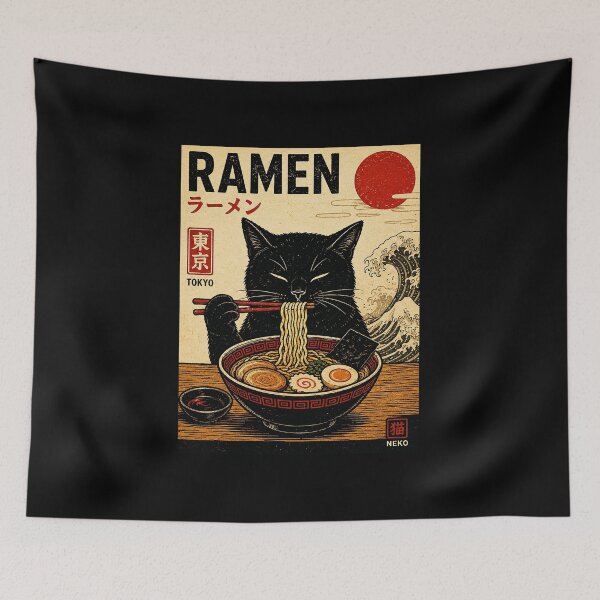 Item preview, Black Cat Eating Ramen Under Red Sun Vintage Tokyo designed and sold by ferminhays.